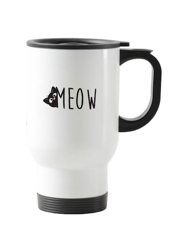 Cute Cat Printed Travel Mug White 13centimeter
