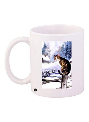 Cat Printed Coffee Mug White/Blue/Brown 11ounce