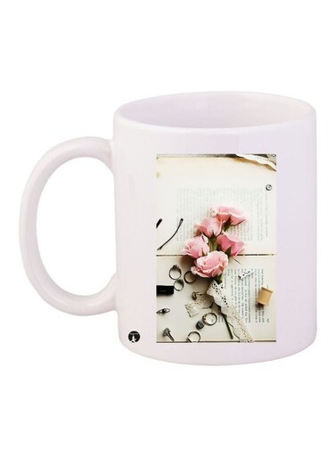 Floral Printed Ceramic Coffee Mug White/Pink/Green 11ounce