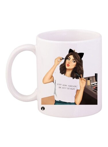 Girl Printed Ceramic Coffee Mug White/Brown/Beige 11ounce