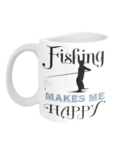 Fishing Makes Me Happy Printed Coffee Mug White/Black 8x9.5x8cm