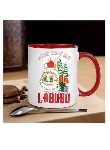 1pc Labubu Merry Christmas Ceramic Mug, 11oz Double-Sided Cartoon Design Coffee Cup, Novelty Drinkware for All Seasons RED