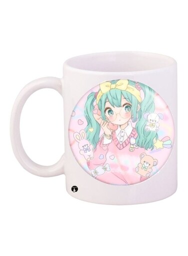 Cartoon Girl Printed Coffee Mug White/Pink/Green 11ounce
