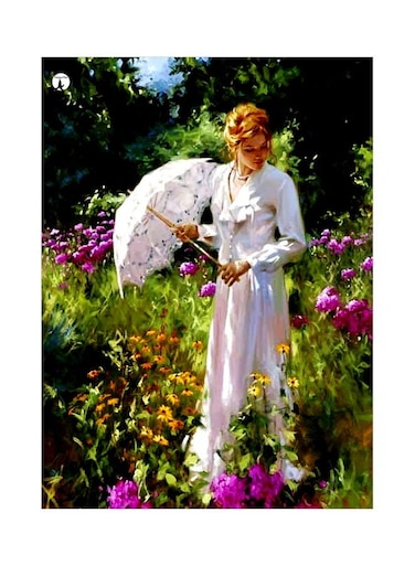 Lady With Umbrella Themed Decorative Metallic Plate Green/White/Purple 20x15cm