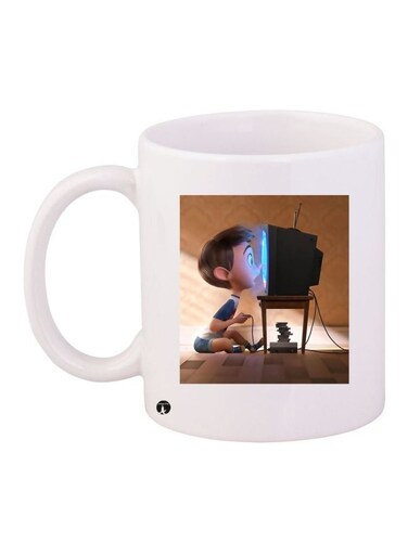 Cartoon Boy Printed Coffee Mug White/Brown/Blue 11ounce