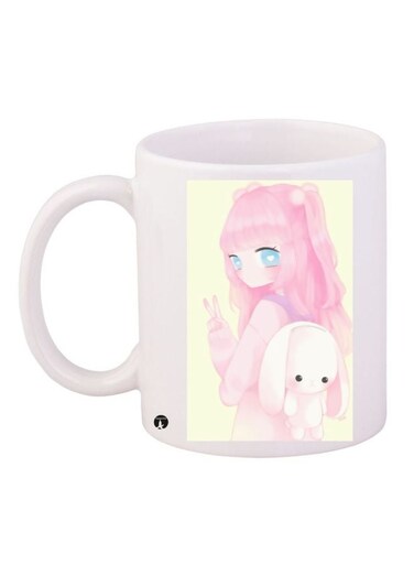 Anime Girl Printed Coffee Mug White/Pink/Yellow 11ounce