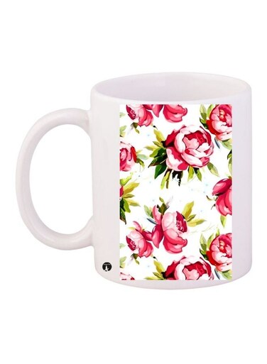 Flower Printed Ceramic Coffee Mug White/Pink/Green 11ounce