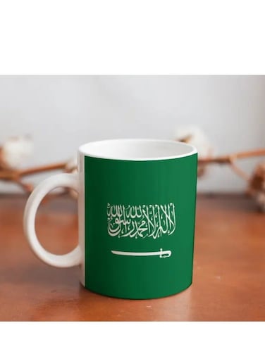 Coffee Mug with Arabic Calligraphy &amp; Double-Sided Green Design with Flag of Suadi Arabia