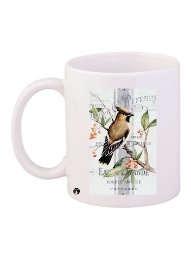 Bird Printed Coffee Mug White/Brown/Green 11ounce