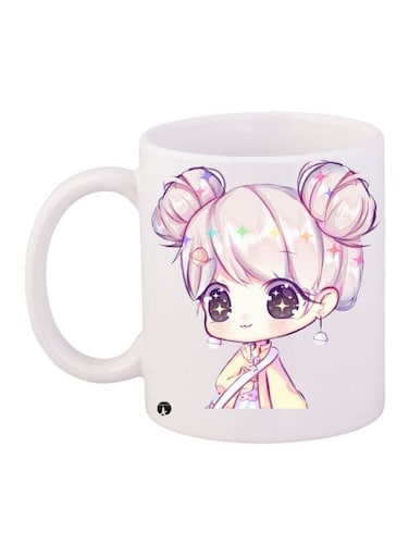 Cartoon Girl Printed Coffee Mug White/Pink/Beige