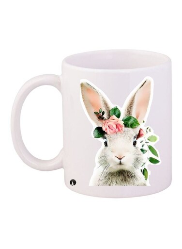 Rabbit Printed Coffee Mug White/Green/Pink 11ounce