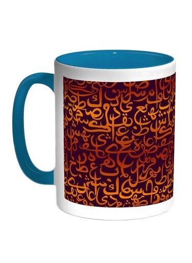 Arabic Letters Printed Coffee Mug Blue/White/Orange 11ounce