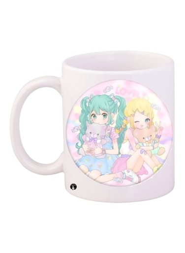 Cartoon Printed Coffee Mug White/Pink/Green 11ounce