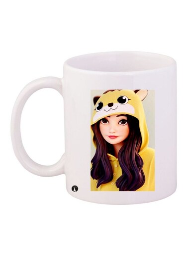 Cartoon Girl Printed Coffee Mug White/Yellow/Beige