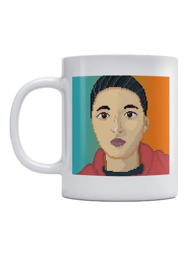 Pixel Art Woman Printed Ceramic Coffee Mug White/Beige/Orange 350ml