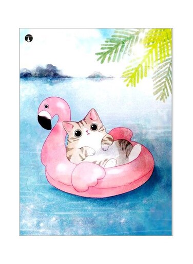 Cat In Flamingo Shaped Pool Float Themed Metallic Plate Blue/Pink/White 20x15cm