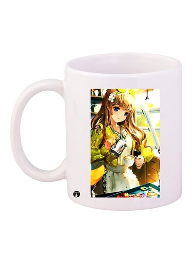 Anime Girl Printed Coffee Mug White/Yellow/Brown 11ounce