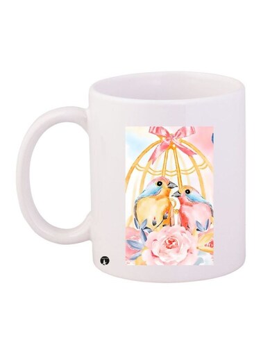 Birds And Flower Printed Coffee Mug White/Pink/Yellow 11ounce