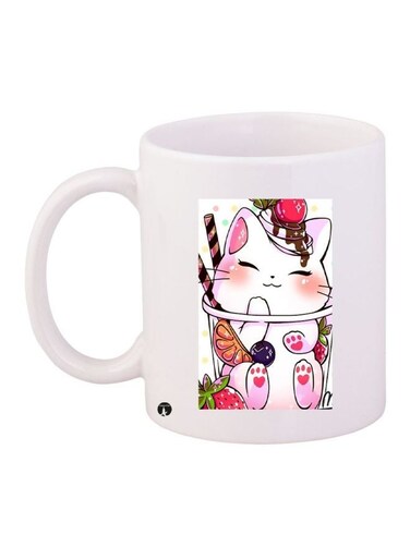 Cat Printed Coffee Mug White/Pink/Green 11ounce