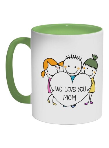 We Love You Mom Printed Ceramic Coffee Mug Green/White/Yellow 325ml