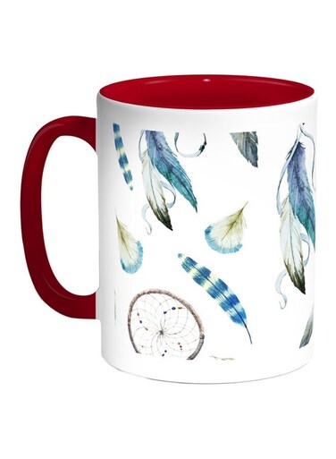 Bird Feathers Printed Coffee Mug Red/White/Blue 11ounce