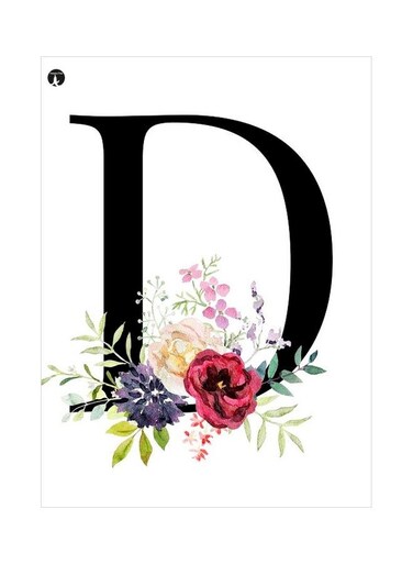Initial D Letter With Flower Themed Decorative Metallic Plate White/Black/Pink 20x15cm