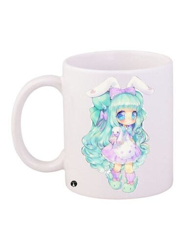 Cartoon Girl Printed Coffee Mug White/Green/Purple 11ounce
