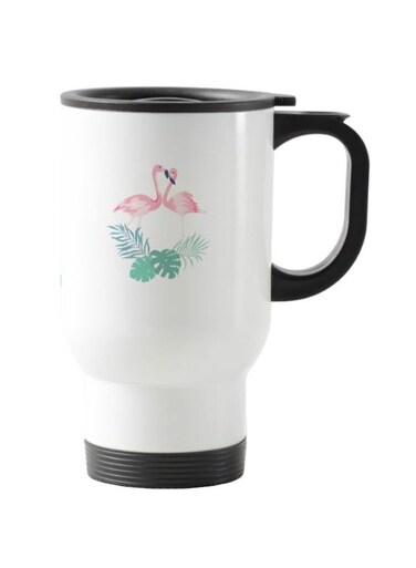 Flamingo With A Crown Printed Travel Mug White 13centimeter