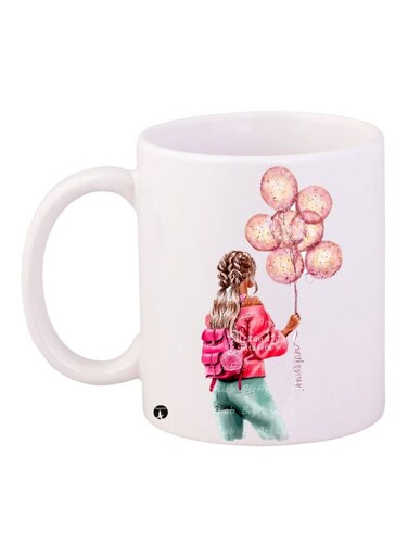 Girl With Balloons Printed Coffee Mug White/Pink/Blue