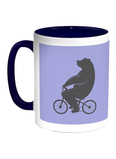 Bear Driving A Bicycle Printed Coffee Mug Blue/White/Grey 11ounce