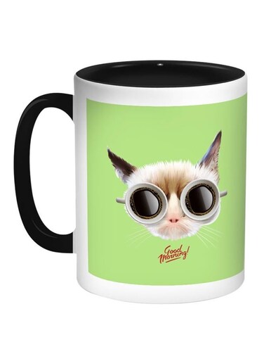 Good Morning Printed Coffee Mug Green/Black/White 11ounce