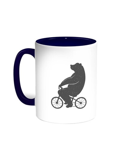 Bear Driving A Bicycle Printed Coffee Mug Blue/White 11ounce