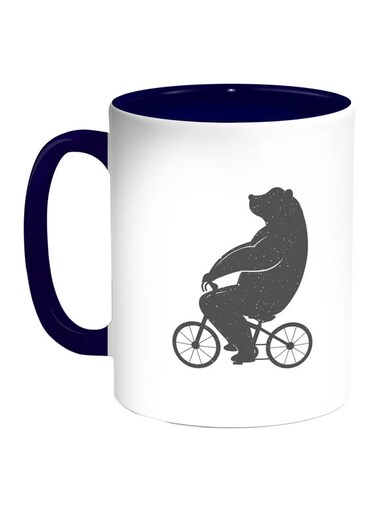 Bear Driving A Bicycle Printed Coffee Mug White/Blue/Grey