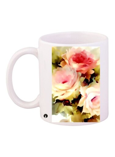 Flower Printed Coffee Mug White/Green/Pink 11ounce