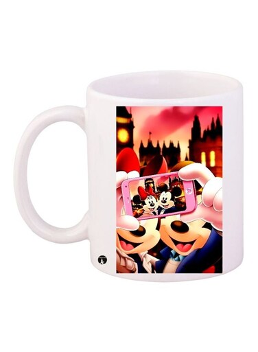 Mickey And Minnie Mouse Printed Coffee Mug White/Pink/Beige 11ounce