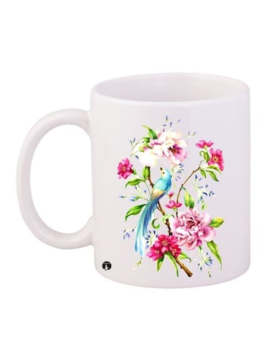 Floral Printed Ceramic Coffee Mug White/Pink/Green 11ounce