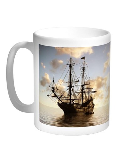 Steamship Glider Printed Coffee Mug White/Blue/Brown 11ounce