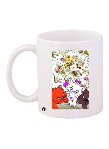 Cat Printed Coffee Mug White/Brown/Yellow 11ounce