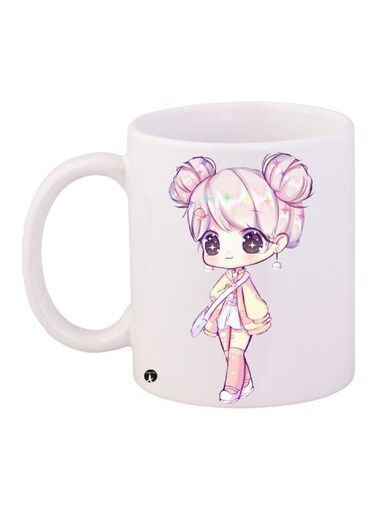 Cartoon Girl Printed Coffee Mug White/Beige/Pink 11ounce