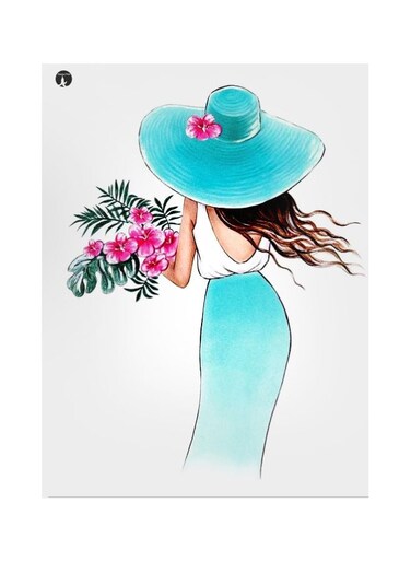 Girl With Flower Themed Metallic Plate White/Blue/Pink 20x15cm