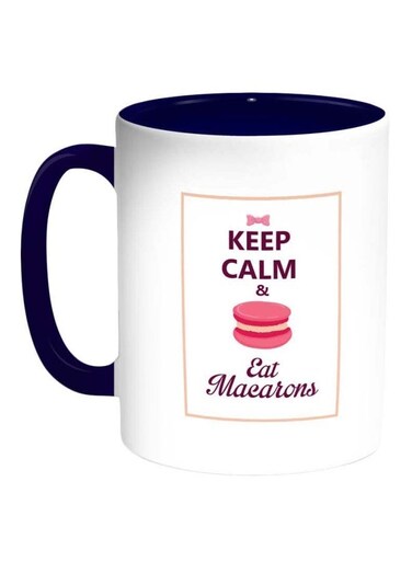 Keep Calm And Eat Macarons Printed Coffee Mug Dark Blue/White/Pink 325ml