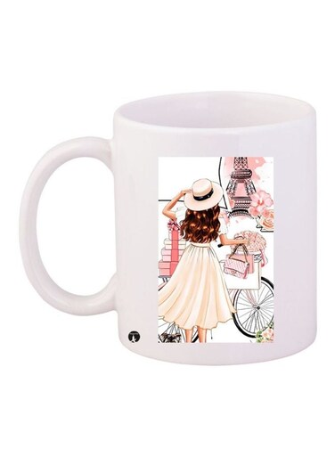 Girl Printed Ceramic Coffee Mug White/Beige/Brown 11ounce