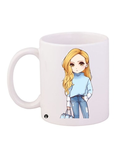 Cartoon Girl Printed Coffee Mug White/Beige/Blue