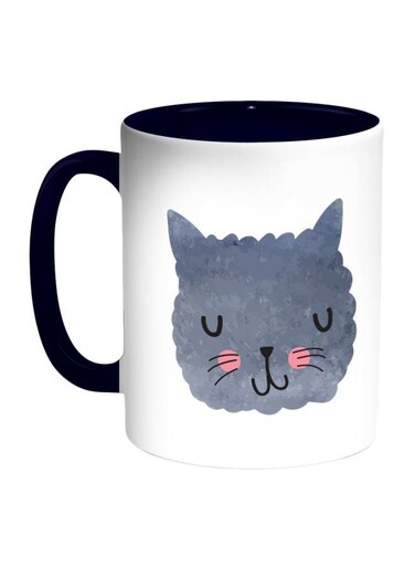 Happy Cat Printed Coffee Mug Dark Blue/White/Grey 325ml