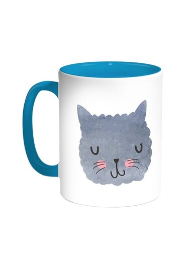 Happy Cat Printed Coffee Mug Turquoise/White 11ounce