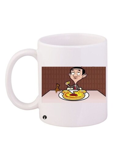 Mr Bean Cartoon Printed Ceramic Coffee Mug White/Brown/Yellow 11ounce