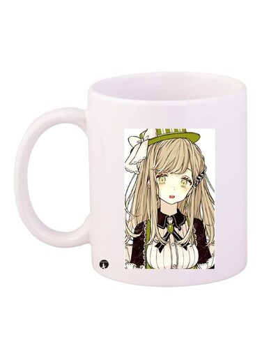 Anime Girl Printed Coffee Mug White/Beige/Green 11ounce