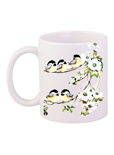 Birds Printed Coffee Mug White/Green/Beige 11ounce