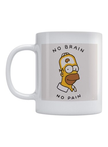 No Brain No Pain Homer Simpson Printed Ceramic Mug White/Yellow/Brown 350ml