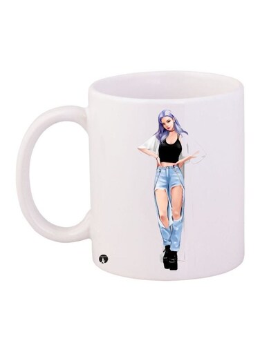 Cartoon Girl Printed Coffee Mug White/Black/Beige 11ounce